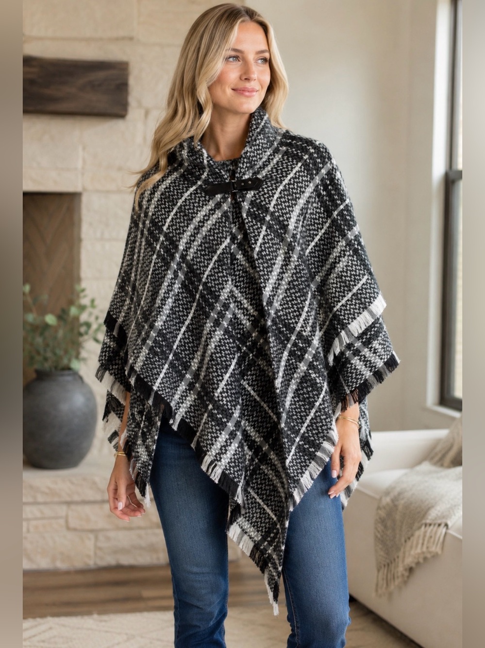 Sonoma Black & White Plaid Buckle Poncho- NWOT